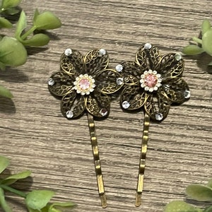 2 Pc Baby pink Rhinestone Crystal Bobby pin Antique Bronze Metal Hair accessory Bobby Clip with filigree Flower HairpinHand Embellished gift