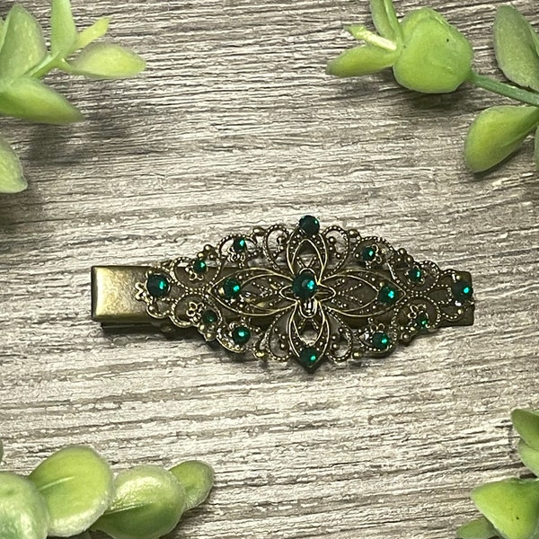 Emerald green leaf crystal rhinestone 2..5”antique vintage style alligator clip wedding shower bridesmaid birthday princess gifts handmade