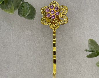 Purple Crystal Rhinestone flower hair pin gold tone 2.5”long 1.0” wide Retro Bridal Party Prom Birthday gifts hair accessory