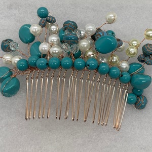 Turquoise faux stone white beads hair vines comb Accessories Rose gold 3.5” Metal comb handmade Approximately 5.0”inch wide Acrylic beads