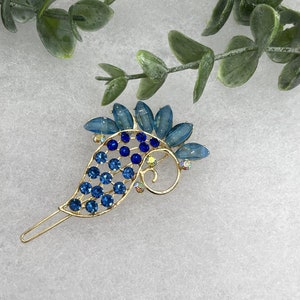 Blue multi peacock 3.0”Metal crystal rhinestone gold tone hair barrette formal hair accessory gift wedding bridal shower prom birthday gift