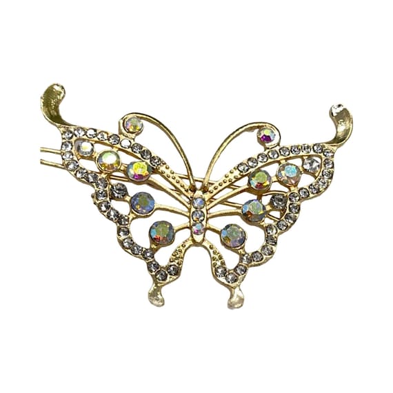 Iridescent Crystal Butterfly Barrette: Gold Rhinestone Hair 