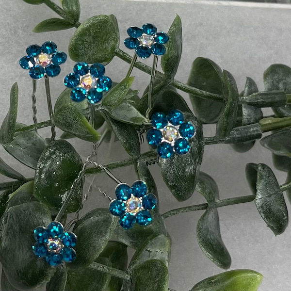 6 pc set teal flower Crystal rhinestone hair pin approximately .50”wide silver  formal hair accessories gift wedding bridesmaid princess