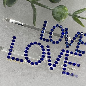 LOVE Blue crystal rhinestone Hair pins set accessory 2 pc set formal princess gifts birthday approximately 3,0”