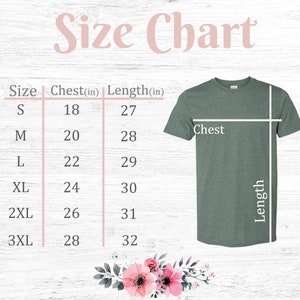 May include: Size chart for a t-shirt with measurements in inches for chest and length. Sizes include S, M, L, XL, 2XL, and 3XL.