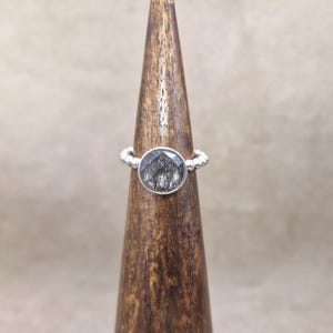May include: A silver ring with a large, oval-shaped, black and gray stone. The band has a textured, beaded design. The ring is displayed on a wooden cone-shaped stand against a neutral background.