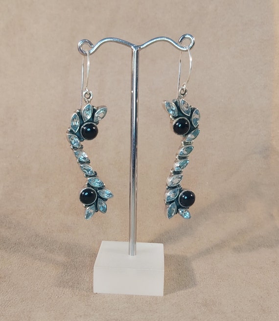 Aquamarine Silver Earrings Onyx Sterling Long Dro… - image 7