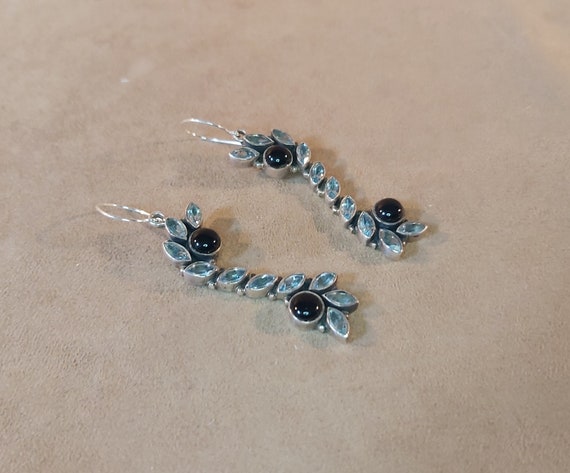 Aquamarine Silver Earrings Onyx Sterling Long Dro… - image 5