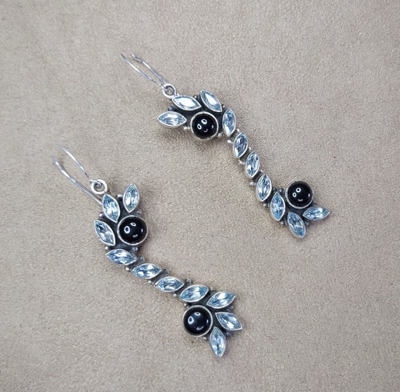 Aquamarine Silver Earrings Onyx Sterling Long Dro… - image 1