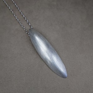 Oval Pendant/Necklace, Brushed Sterling Silver, Najo Design, Long Leaf, Belcher Chain, Minimalist, Modern, Sleek, Chic