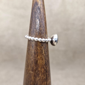 May include: A silver ring with a beaded band and a round, dark-colored stone. The ring is displayed on a wooden ring holder against a neutral background. The ring's design is simple and elegant.