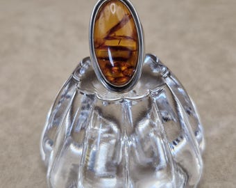 Sterling Amber Ring 925 Stamped Silver Natural Baltic Amber Oval Modernist Minimalist Big Statement Ring Boho North South Handmade Sz 7 US