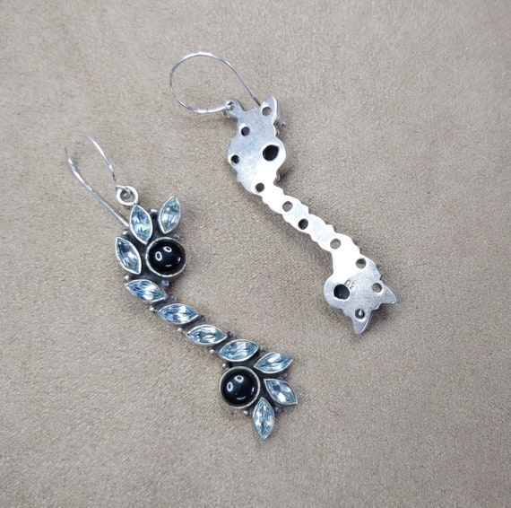 Aquamarine Silver Earrings Onyx Sterling Long Dro… - image 2