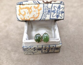 9k Jade Studs Earrings Vintage Handmade 375 Yellow Gold Stud Earrings Natural Gemstone Green Nephrite Spinach Jade Cabochons Tested 8mm
