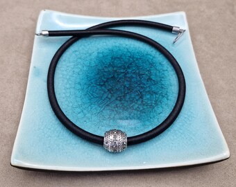 Sterling Marcasite Choker/Collar Necklace 925 Silver Slider Pendant Black Cord Necklace Silver Clasp Modern Minimalist Stylish