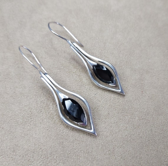 Onyx Silver Earrings Black Teardrop Vintage Sterl… - image 2