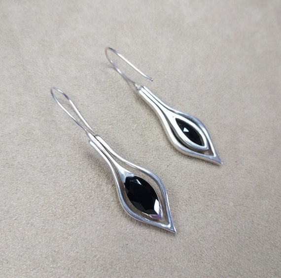 Onyx Silver Earrings Black Teardrop Vintage Sterl… - image 3