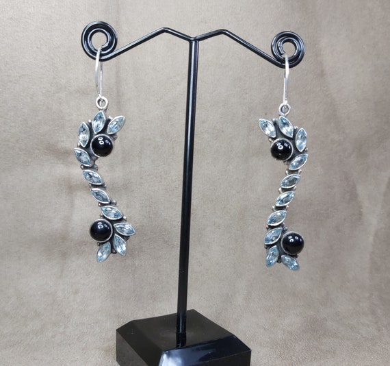 Aquamarine Silver Earrings Onyx Sterling Long Dro… - image 3