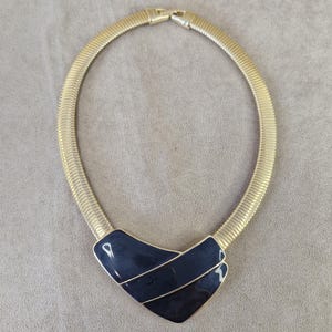 Vintage Trifari Choker Gold Tone Black Enamel Statement Flat Snake Chain Necklace Wide Gold Choker 1970/1980s Signed Stamped Costume Jewelry