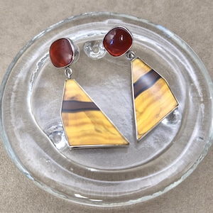 Handwerkliche handgemachte Ohrringe Edelstein Sterling Silber Karneol Achat Tropfen baumelt Orange rot braun natürliche Edelstein gestempelt signiert