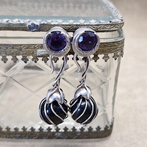Orecchini pendenti in ametista, orecchini pendenti in argento sterling, artigianali fatti a mano, con vite di luna in onice, OOAK, orecchini a perno bidirezionali/giacche per orecchie
