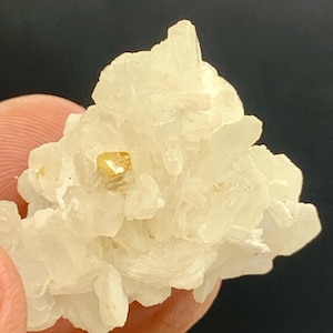 Puede incluir: Un grupo de minerales cristalinos blancos con un pequeño cristal dorado incrustado. El mineral tiene una apariencia en capas. La muestra se sostiene en la mano sobre un fondo oscuro.