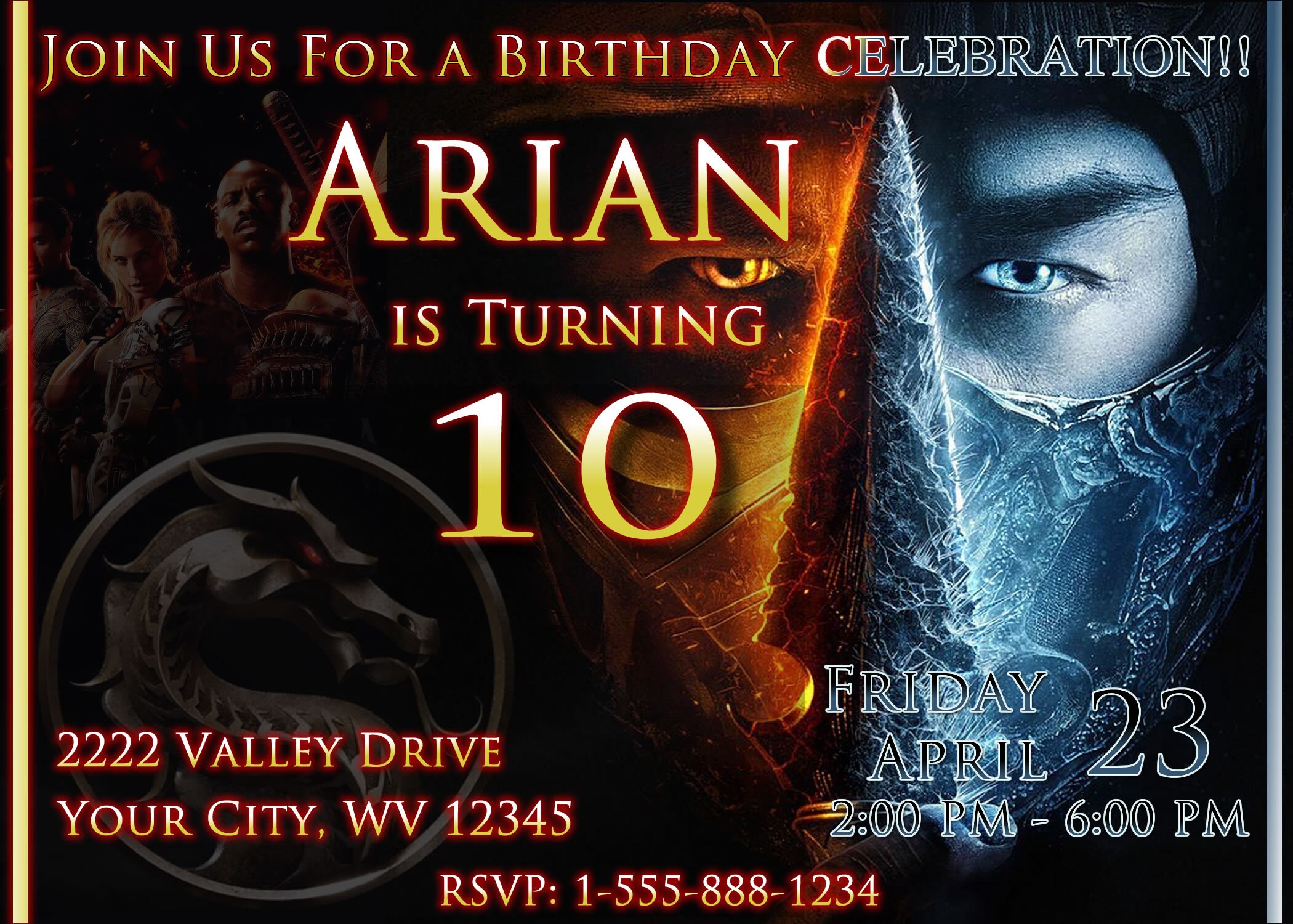 Mortal Kombat Invitation, Mortal Kombat Birthday, Card Invitation