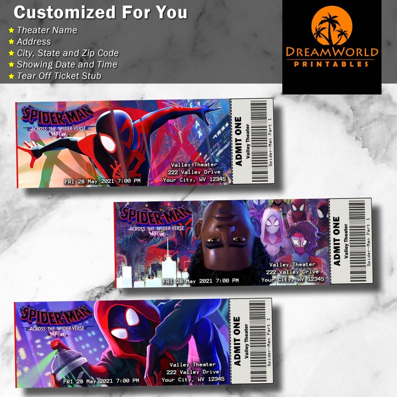 Spiderman Across the Spiderverse Collectible Printable Movie Tickets