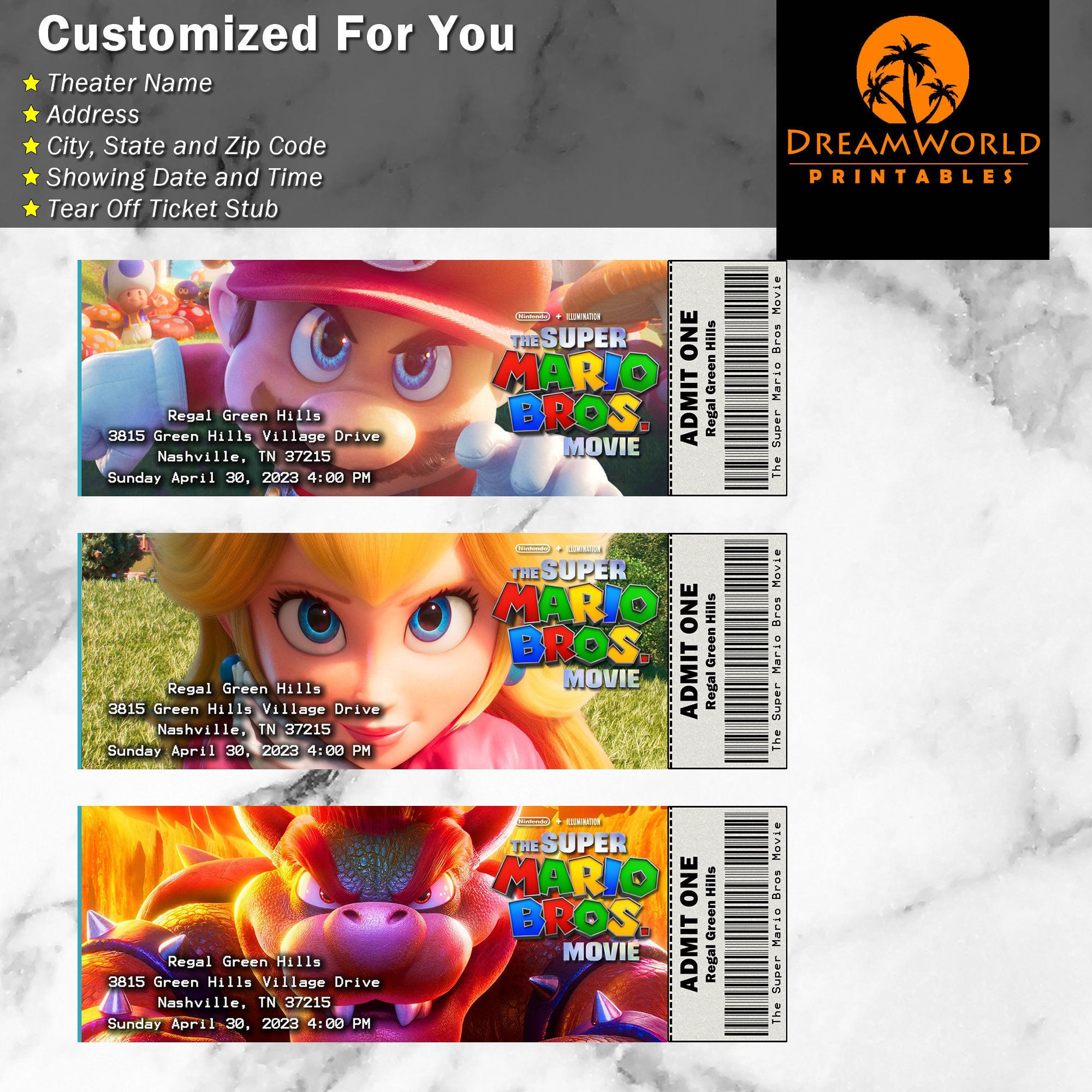 The Super Mario Bros Movie Collectible Printable Movie Tickets Etsy