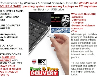 Recommended by Wikileaks & Edward Snowden World's Most Secure OS on the self booting  32GB, 64GB, 128GB USB stick /flash drive Any Laptops