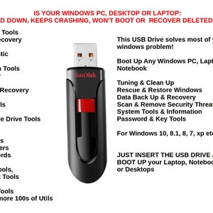 Könnte beinhalten: Ein schwarzer USB-Stick mit dem SanDisk-Logo. Der Stick ist mit "Boot Up Any Windows PC, Laptop, Notebook" beschriftet und listet Funktionen wie "Tuning & Clean Up", "Rescue & Restore Windows", "Data Back Up & Recovery", "Scan & Remove Security Threats", "System Tools & Information", "Password & Key Tools" auf. Der Stick wird als Lösung für langsame Computer, abstürzende Computer und die Wiederherstellung gelöschter Dateien beworben.