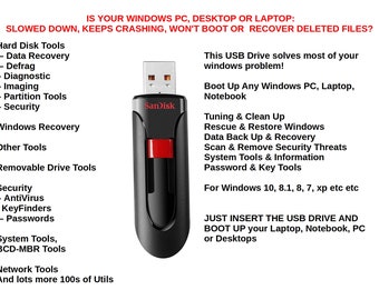 Repair & Fix, Recovery Windows Laptops /PC 10 8 7 XP Booting on a 32 / 64 / 128GB  USB Stick /Drive Latest Version, Deleted Pictures Docs?