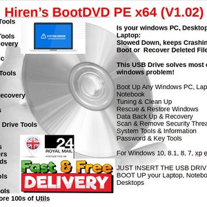 May include: A white CD with a red and black design that says "Hiren's BootDVD PE x64 (V1.02)". The CD has a red and black image of a laptop with a red triangle and the words "System Error". The text on the CD also says "Fast & Free Delivery" and "24 Royal Mail".