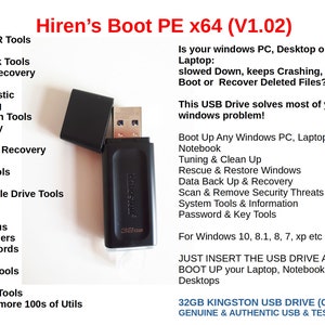 Puede incluir: Una unidad USB Kingston negra de 32 GB. La imagen incluye texto que describe las características de la unidad, incluida la recuperación de datos y las herramientas del sistema, y el texto "Hiren's Boot PE x64 (V1.02)". La unidad tiene el texto "32 GB" y "Kingston" visibles.