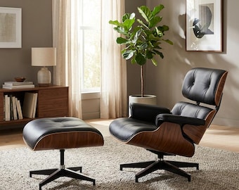 Wood and Leather Modern Lounge Chair with Ottoman, Black Leather Walnut Accent Chair, Mid Century Reading Chair, Living Room
