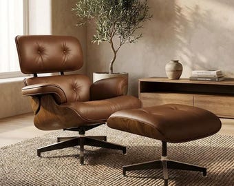 Conjunto de Poltrona e Puff Eames - Design Italiano Moderno de Meados do Século XX, Poltrona Giratória Reclinável - Madeira Escura e Detalhes em Couro Marrom