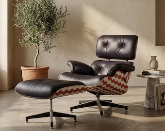 Włoski fotel wypoczynkowy Eames, skórzany obrotowy fotel wypoczynkowy z pufem, fotel designerski Eames w stylu Mid Century Modern