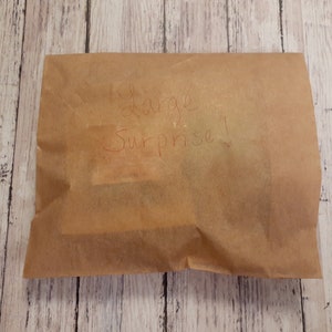 Puede incluir: Un paquete de papel marr&oacute;n con las palabras "Large Surprise!" escritas en tinta roja.