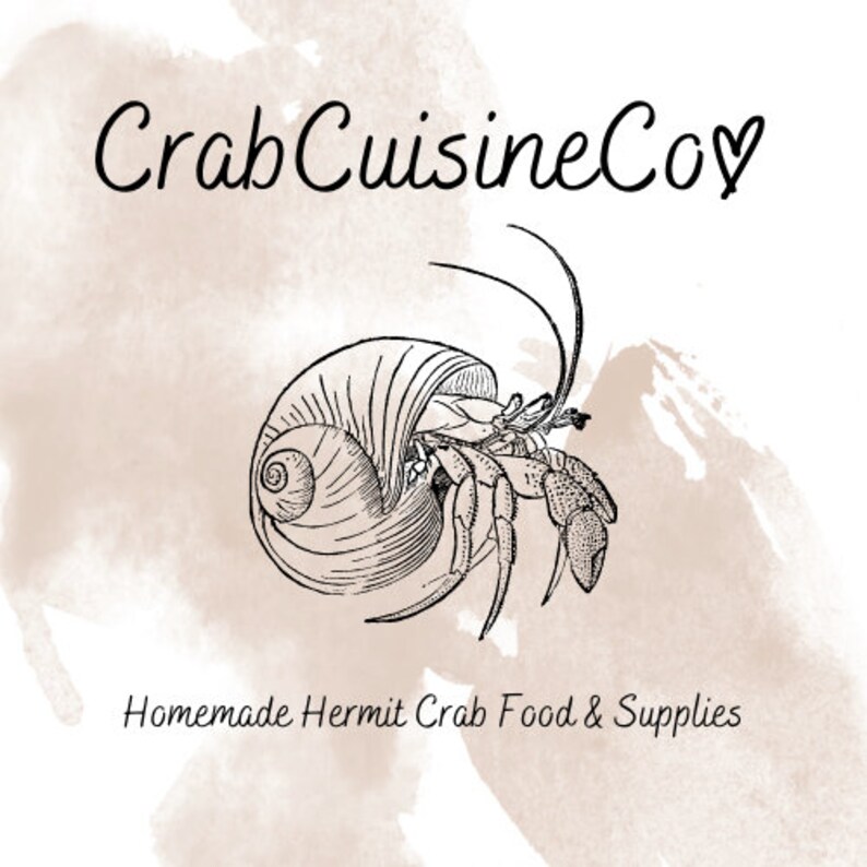 K&ouml;nnte beinhalten: Eine schwarz-wei&szlig;e Strichzeichnung eines Einsiedlerkrebses in einem spiralf&ouml;rmigen Geh&auml;use, zentriert &uuml;ber dem Text "CrabCuisineCo" mit einem Herzsymbol und dem Text "Homemade Hermit Crab Food & Supplies" auf hellbeigem Aquarellhintergrund.