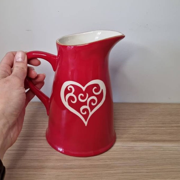 Red pitcher Red pottery jug Pot with handle Pitcher with heart
