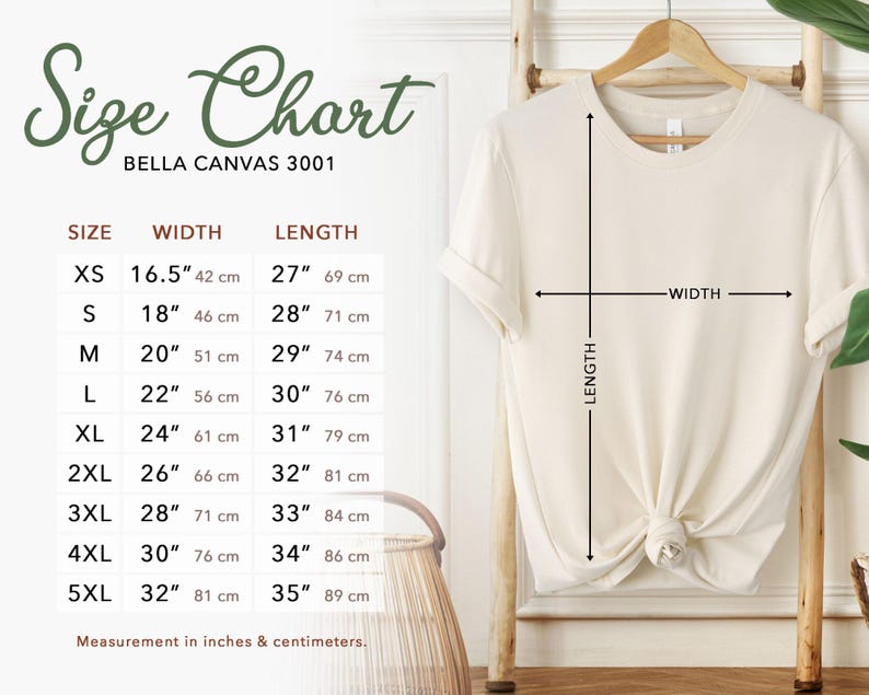May include: A cream-colored t-shirt hangs on a wooden hanger, with a size chart to the left. The chart lists sizes XS to 5XL, with measurements in inches and centimeters. The text "Size Chart" is at the top.