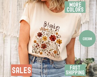 Custom Pressed Flowers Shirt Floral T-Shirt for Women Wildflower Tshirt With Flowers Womens Wildflower Graphic Tees Bohemian Floral T Shirt