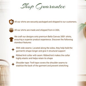 May include: Image with text "Shop Guarantee" and bullet points describing shirt features: side seams, ribbed knit collar, and shoulder tape. The text also mentions shirts are made in the USA.