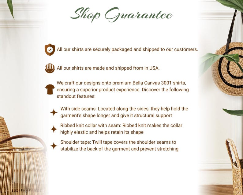 May include: Image with text "Shop Guarantee" and bullet points describing shirt features: side seams, ribbed knit collar, and shoulder tape. The text also mentions shirts are made in the USA.