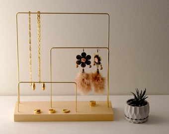 Asymmetrical Brass Jewelry Stand, Wood Base, Necklace Organizer