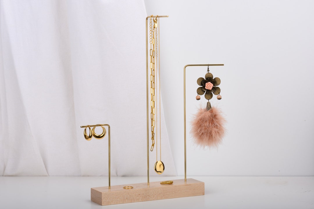Slim Beewax Maple Brass Jewelry Stand, Minimalist Necklace Storage