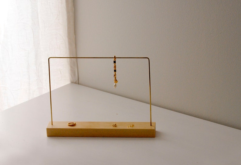 Thin necklace rack, slim brass and wood jewelry stand, modern minimalist necklace earring storage display, boutique jewelry display stand image 4