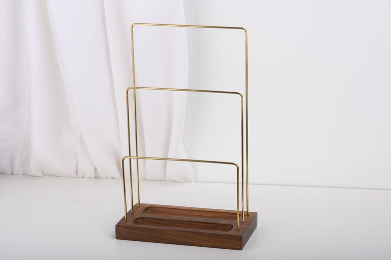 Highend handmade exotic beewax walnut brass jewelry stand with double ring dishes, minimalism jewelry organizer, ring dish, necklace rack image 3