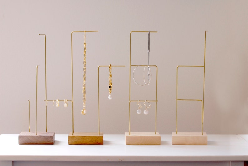 Minimalist wood brass jewelry stand, pine, walnut dye, espresso dye, jewelry holder, boutique display necklace earring rack, housewarming image 4