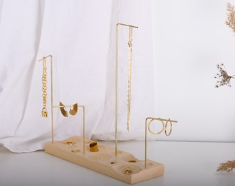 Wood Brass Jewelry Stand: Minimalist Necklace Ring Holder